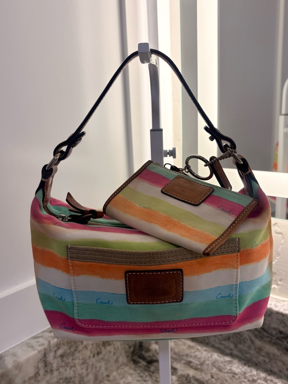 Coach Multi-Color Striped Canvas Shoulder Bag with Leather Trim